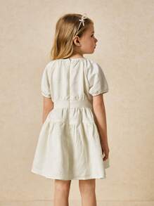 SHEIN Young Girls' Elegant White Puff Sleeve Cinched Waist A-Line Dress, Spring/Summer - White - View 2