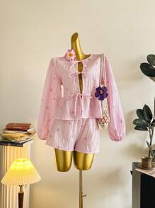 SHEIN EZwear Women Casual Cute Tie Front Long Sleeve Blouse, Suitable For Summer, Butterfly & Striped Print