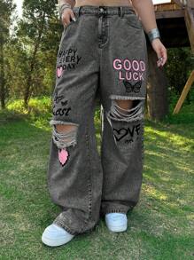 SHEIN MOD Quần Jeans Ống Thẳng Rách Rộng Cỡ Lớn, Màu Xanh - Xám - Xem 5