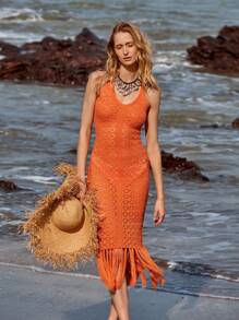 Lumivelle Orange Spaghetti Strap Backless Dress, Hollow Floral Gradient Color Fishtail Dress For Holiday