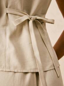 Poéselle Women'stwo Piece Sets Linen Suits Shorts Suits Tie-Back Waist Vest And Shorts Casual Suits Apricot Suits 2pcs/Set Women Solid Color Sleeveless Top Summer Women Outfit Boho Y2k Short Women Sets Summer Women Sets