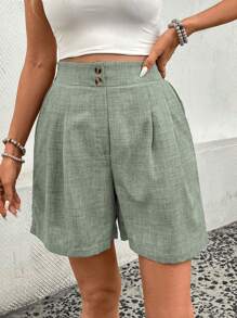 SHEIN Clasi Pantalones cortos casuales versátiles de mujer con bolsillos plisados de unicolor