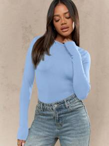 MISSGUIDED Body ceñido de manga larga, cuello redondo, acanalado, top atlético para baile, entrenamiento y yoga, elástico, leotardo básico casual para otoño e invierno - Celeste - Ver 3