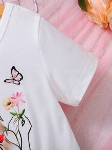 2 bucăți/Set Imprimare portret de fetiță împerecheată cu fustă de tort florală stratificată, potrivită pentru ocazional, sezonul nunților, picnicuri în aer liber și alte ocazii - alb - Vizualizare 6