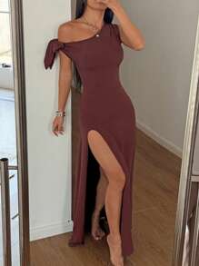 SHEIN Unity One-Shoulder Tie-Up High Slit Sleeveless Dress - Coffee Brown - View 1
