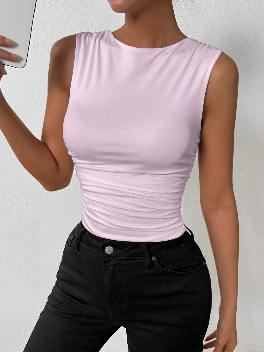 Chiquease Women's Solid Color Fitted Ruched Crew Neck Camisole