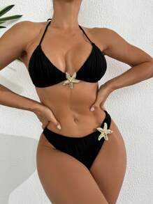 SHEIN Swim New Solid Color Strappy Halter Triangle Bikini Top With Starfish Decor For Women - Black - View 1