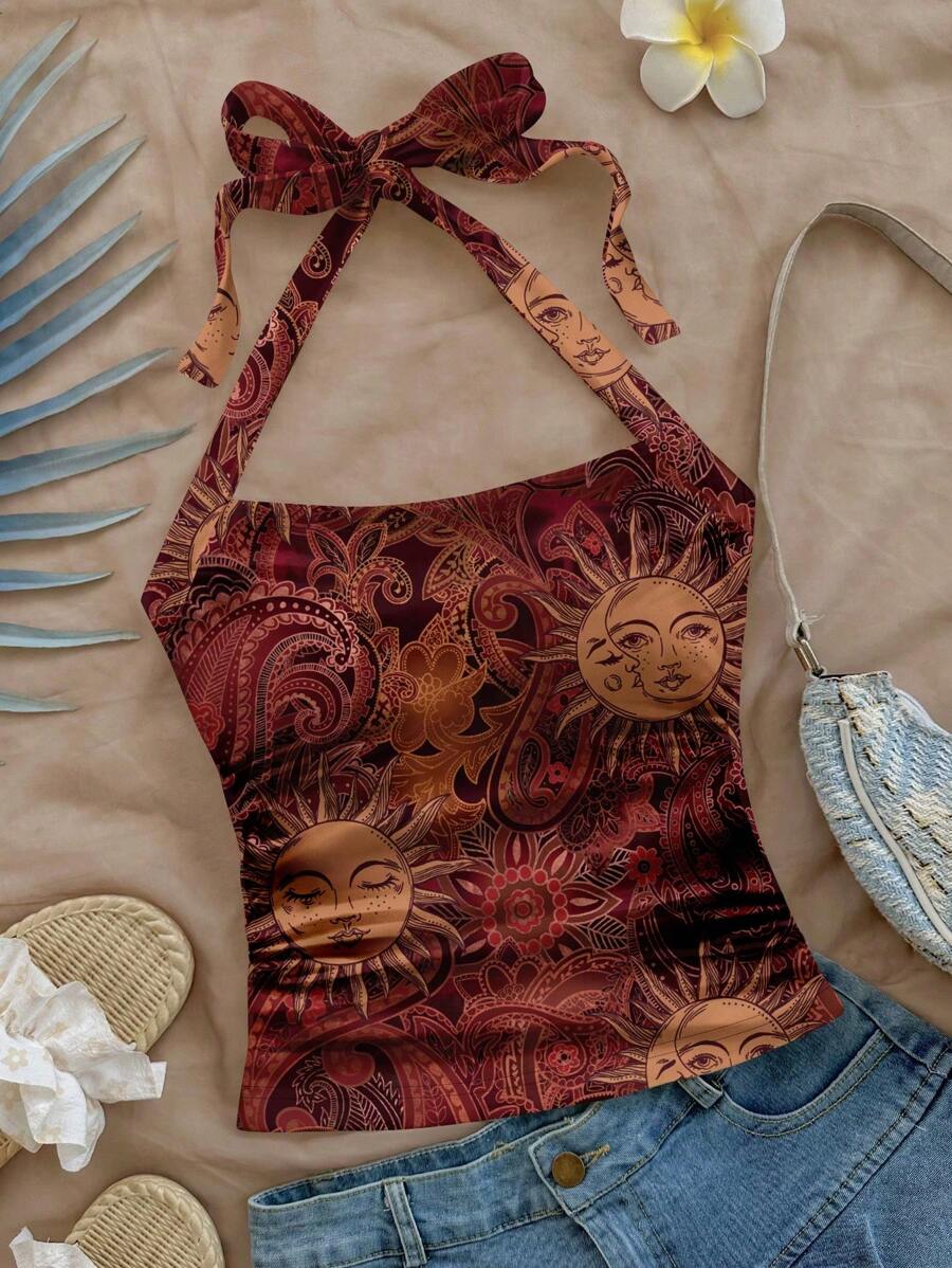 SHEIN WYWH Áo hở lưng dệt kim họa tiết Paisley in toàn bộ họa tiết Golden Sun God dành cho nữ, phù hợp cho mùa hè - Màu Đỏ Sâu - Xem 1