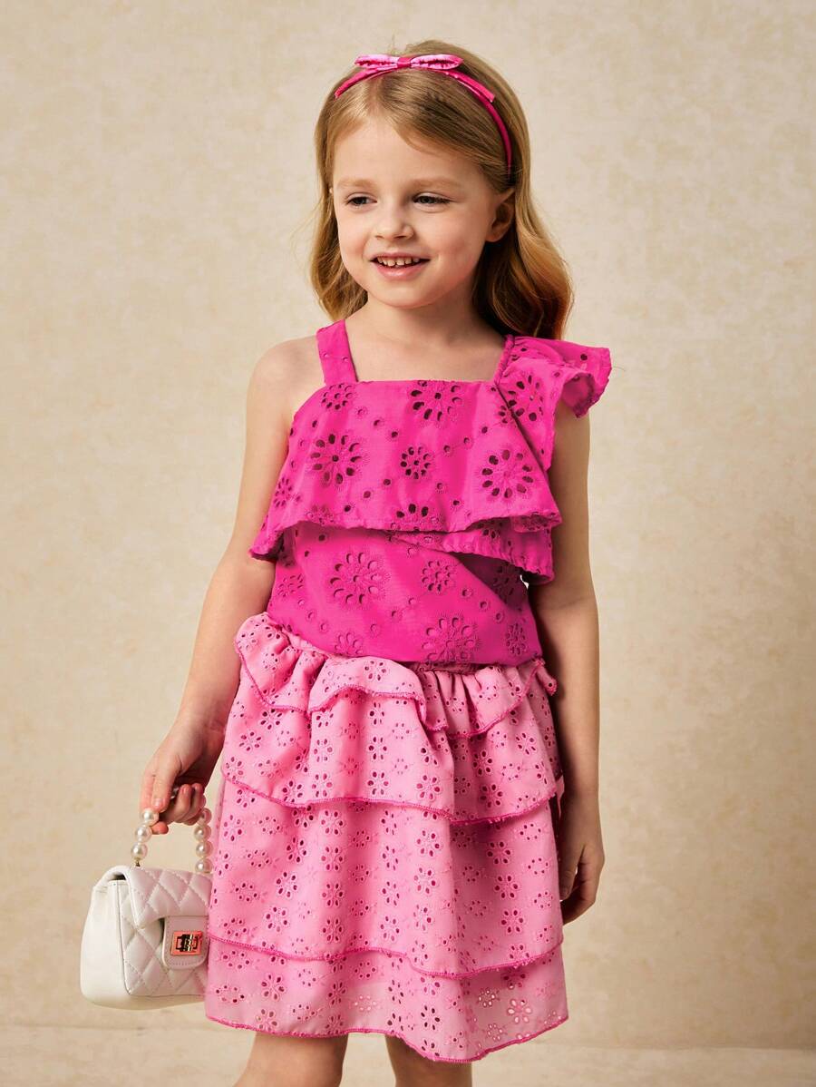 SHEIN Áo dệt thêu màu hồng tươi thanh lịch cho bé gái, mùa xuân/hè - Đỏ - Xem 1