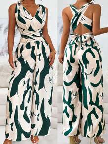 SHEIN Clasi Bộ đồ liền thân hở lưng in họa tiết ngẫu nhiên thời trang dành cho nữ - màu xanh lá - Xem 4