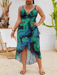 Swim Lushoire Coprispalle da spiaggia in stile kimono da donna taglie forti, con stampa di foglie tropicali e motivo casual, con spalline sottili e schiena scoperta, adatto per vacanze