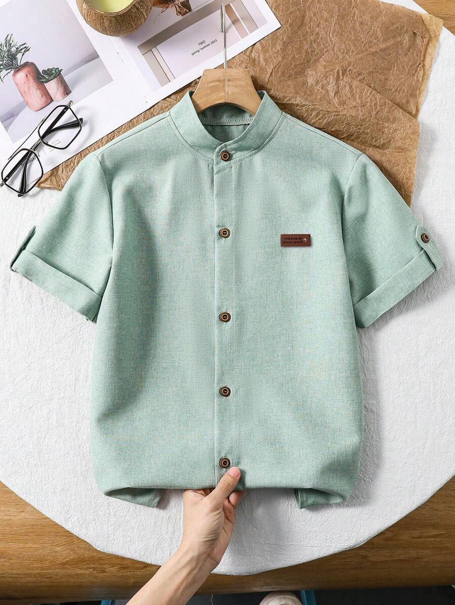 SHEIN Mirajuku 1 件 Tween 男童立领绅士风蓝色纯色休闲短袖衬衫，春夏