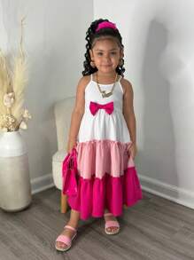 SLAYR KIDS Young Girl Cute Casual Pink Patchwork Camisole Color Blocking Dress - Pink - View 3