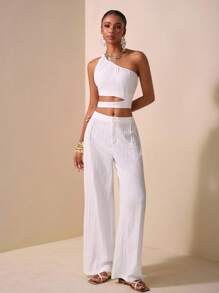 Zivah 2 Pieces Set: Textured Fabric One Shoulder Twist Detail Hollow-Out Waist Crop Top And Wide-Leg Pants With Pockets, Elegant Outfit For Vacation, Commute, Mother's Day, Wedding, Music Festival, Party, Club - White - View 4