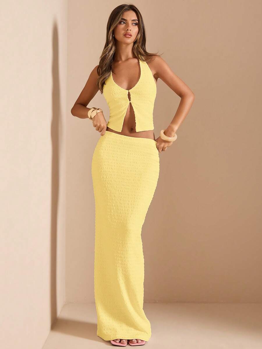 SHEIN BAE 2pcs/Set Women Summer Solid Deep V-Neck Halter Textured Cropped Tank Top & High Waist Maxi Skirt, Holiday White Outfit Island Vacation Outfits - Yellow - View 1