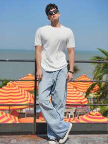 DAZY Summer Casual Versatile Solid Color Textured Fabric Men T-Shirt - White - View 2