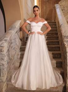 Glamrae 优雅白色缎面露肩高腰不对称开叉下摆刺绣网眼覆盖蓬松 A 字形婚纱，配有可拆卸蝴蝶结拖尾，新娘 - 白色 - 查看 5