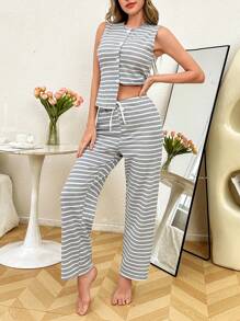 SHEIN Bộ đồ ngủ áo ba lỗ in sọc cài nút phía trước và quần dài thoải mái cho nữ, trang phục mặc ở nhà - Màu Xám nhạt - Xem 5