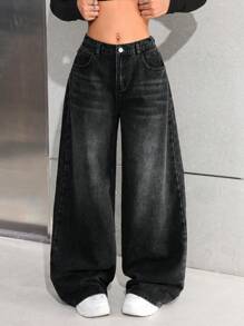SHEIN Jeans sueltos de pierna ancha, cintura baja, bolsillos sesgados, estilo casual vintage Y2K en color gris lavado, para chicas adolescentes y ropa de calle