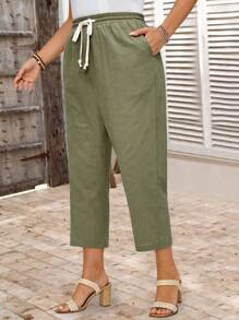EMERY ROSE 大码女式夏季抽绳腰带口袋休闲军绿色七分裤，舒适透气，适合度假穿着 - 軍綠色 - 查看 3