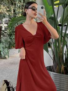 SHEIN Frenchy 女士纯色长裙，简约时尚短袖，适合夏季 - 酒紅色 - 查看 5