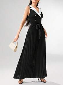 Modelyn Mono de verano elegante y plisado para mujer, intelectual, en color negro y blanco, para uso diario