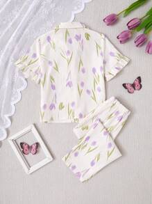 年轻女孩简约碎花短袖上衣和裤子 2 件套睡衣套装