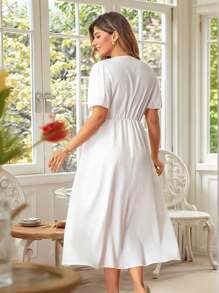 KURAYIA V-Neck Short Puff Sleeve Bow Decor Solid Color Midi Sundress, Unique Design Romantic Dress - White - View 2