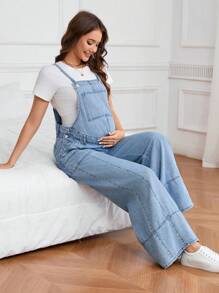 SHEIN 孕妇休闲洗水牛仔背带裤 - 淺色水洗藍 - 查看 4