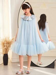SHEIN Tween Girl Elegant Floral Petal Collar Contrast Mesh Jacquard A-Line Dress - Blue - View 6