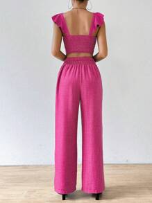 SHEIN Clasi 2pcs Set Women Allover Print Peplum Sweetheart Neck Top And Tie Detail Long Pants - Pink - View 2