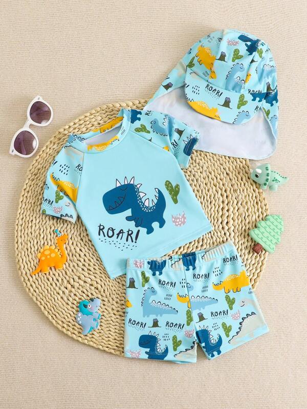 Conjunto de 3 piezas de traje de baño con camiseta anti-salpicaduras y gorra con protección solar para niños pequeños con estampado de dinosaurios, para verano