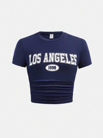 SHEIN Girlism Tween 女童字母印花侧褶修身短袖休闲运动 T 恤