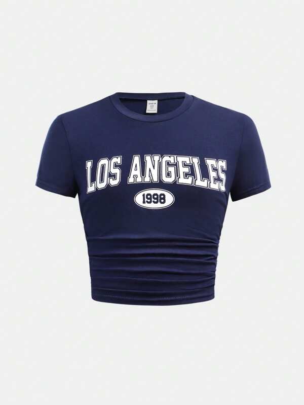 SHEIN Girlism Tween-Mädchen Tailliertes, kurzärmliges Sport-T-Shirt mit Buchstabendruck und seitlicher Rüsche