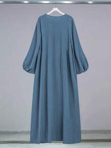 Al Najma 纯色圆领灯笼袖百褶时尚阿拉伯风格连衣裙，端庄大方 - 藍色 - 查看 2