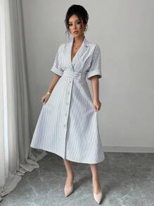 SHEIN PETITE Black & White Striped Lapel Waist Flared Midi Dress - Black and White - View 4