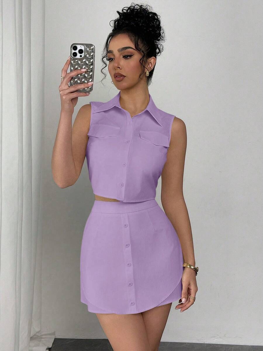 SHEIN Unity 2 piezas Conjunto de camisa sin mangas de unicolor abotonada y minifalda para mujer - Morado - Ver 1