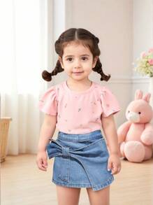 SHEIN Vintaside Kids 女婴舒适小精灵波西米亚风高腰荷叶边前蝴蝶结装饰短裤，适合女童夏季休闲装 - 淺色水洗藍 - 查看 3