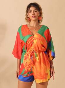 SHEIN Clasi Plus Size Dam V-ringad Träknapp Vatten Print Jumpsuit - Multifärgad - Visa 3