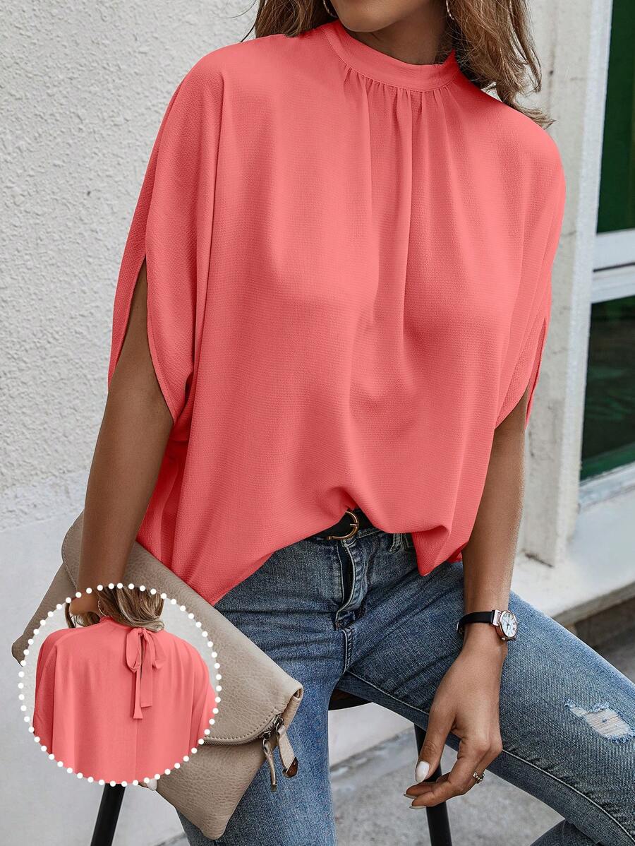 EMERY ROSE Áo sơ mi tay cánh dơi cổ đứng màu trơn đơn giản mùa hè - Màu Cam san hô - Xem 1