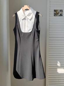 Comfortcana Zomer kantoor V-hals contrasterende rand taille A-lijn mouwloze mini-jurk