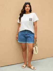 Elaquor Damen Große Größen Blume Muster Rundhals Kurzarm Lässig T-Shirt - Weiss - Übersicht 2