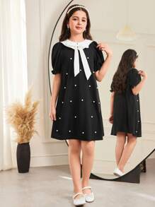 SHEIN Tween Girl Casual Peter Pan Collar Colorblock Black & White Beaded Bow Decor Ruffle Hem Short Sleeve A-Line Dress, Spring/Summer - Black - View 5
