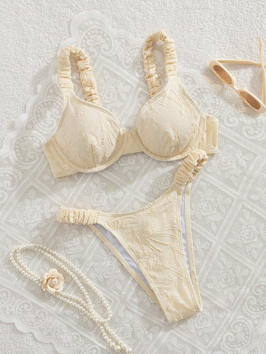 Swim Mod Set de 2 piezas de ropa de playa de vacaciones de primavera para mujer, traje de baño de flores con costuras fruncidas y tirantes gruesos en color liso - Albaricoque - Ver 1