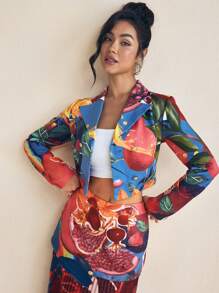 SHAQUITA GARCIA Blazer corto con stampa a frutta, maniche lunghe, bottoni, stile business casual, adatto per primavera/estate, da ufficio