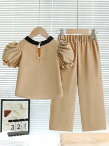 2pcs/Set Girls Summer Elegant Puff Sleeve Shirt & Pants Set