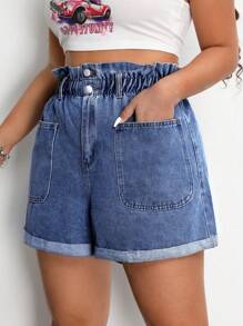SHEIN EZwear Plus Size Women Ruffle Hem Pocket Loose Wide Leg Casual Denim Shorts