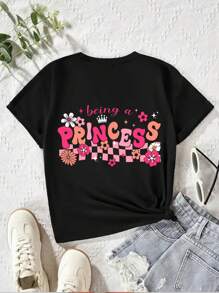 T-shirt à manches courtes style décontracté, confortable et simple pour bébé fille, imprimé à carreaux et fleurs avec lettres, printemps/été