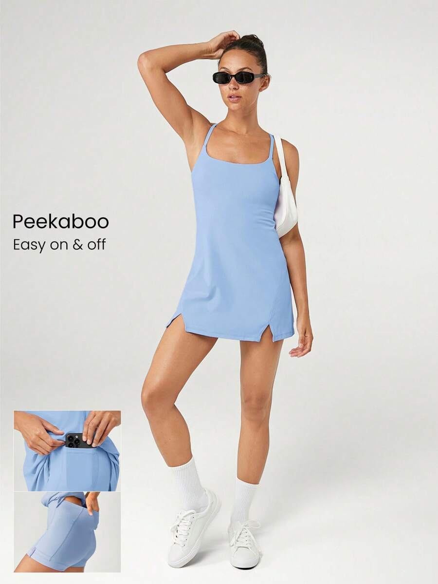 GLOWMODE Vestido mini deslizante FeatherFit™-Air Elevate A-Line con bolsillo corto incorporado, de bajo impacto, de verano, de secado rápido y que absorbe la humedad. - Celeste - Ver 1