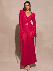 Silquee Early Spring/Summer Women Sexy Magenta, Burgundy, Plum, Berry, Pink Sheer Blouse And Maxi Skirt 2 Pieces Set, Suitable For Daily Vacation Wear, Spring Break Vacation, Beach Vacation, Bikini Cover-Up, Bikini Party, Night Out, Girlfriend Gathering, Beach Party, Pool Party, Holiday Outfit, Nature Party, Cabin Vacation, Romantic Date - Pink - View 7